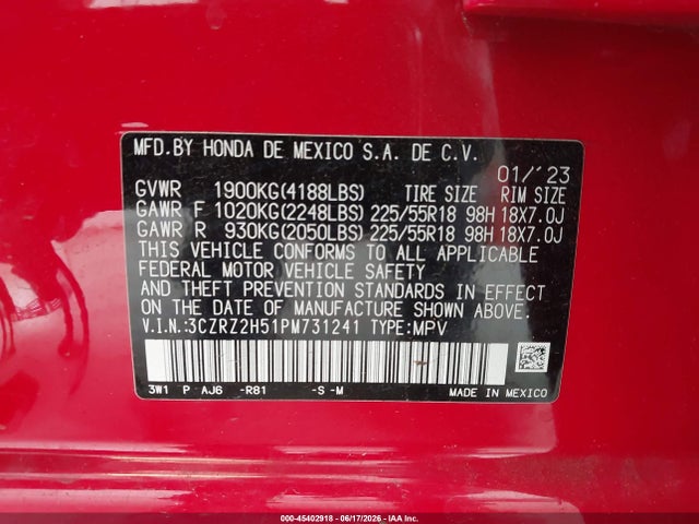 3CZRZ2H51PM731241 Honda Hr-v Awd Sport