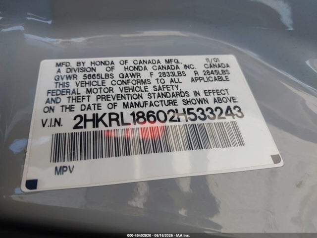 2002 Honda Odyssey Ex მანქანა იყიდება აუქციონზე, vin: 2HKRL18602H533243, აუქციონის ნომერი: 45402920