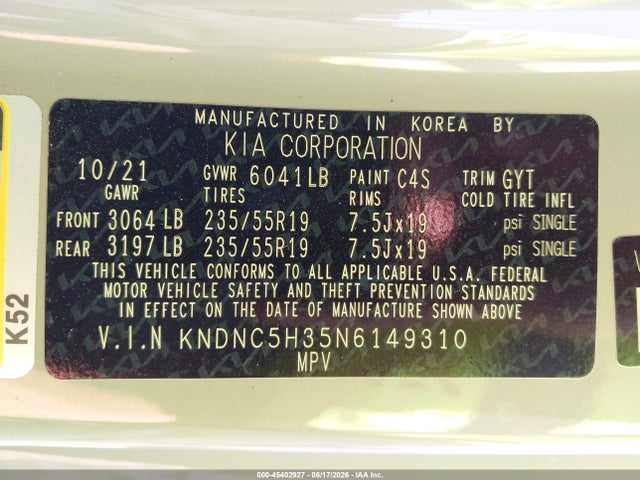 Auction sale of the 2022 Kia Carnival Mpv Ex, vin: KNDNC5H35N6149310, lot number: 45402927
