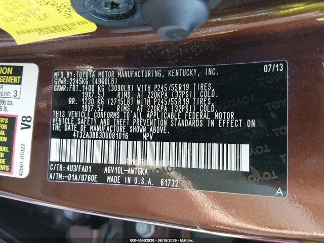 Aukcja sprzedaży 2013 Toyota Venza Le, vin: 4T3ZA3BB3DU081016, numer aukcji: 45402930