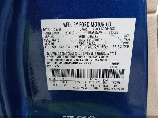 Продажа на аукционе авто 2008 Ford Escape Xlt, vin: 1FMCU03138KA76863, номер лота: 45402934