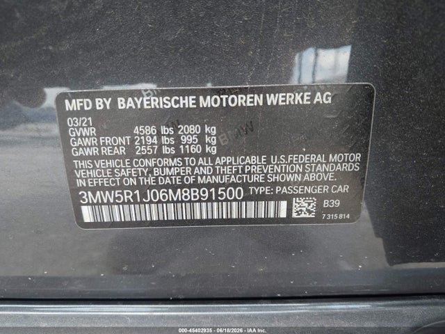 2021 Bmw 330i მანქანა იყიდება აუქციონზე, vin: 3MW5R1J06M8B91500, აუქციონის ნომერი: 45402935