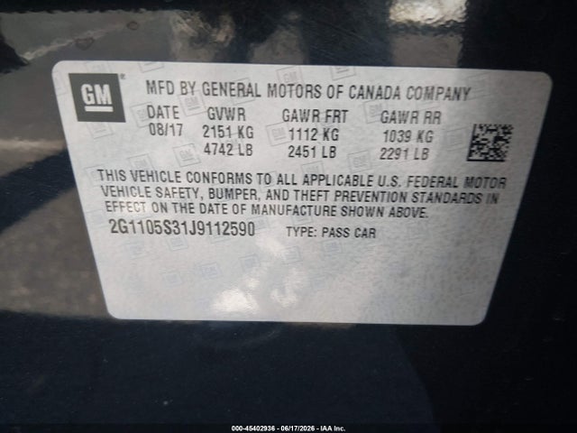 Chevrolet IMPALA 1LT 2018 2G1105S31J9112590 Image 9