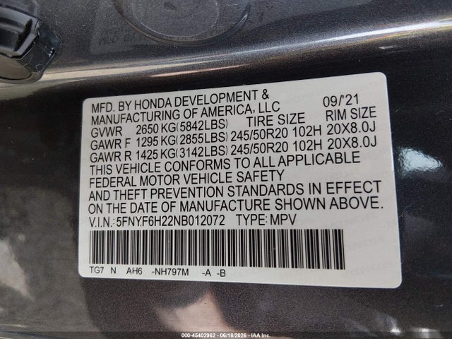 Honda Pilot Awd Special Edition 2022 5FNYF6H22NB012072 Image 9