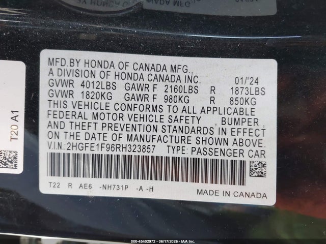 2HGFE1F96RH323857 Honda Civic Touring