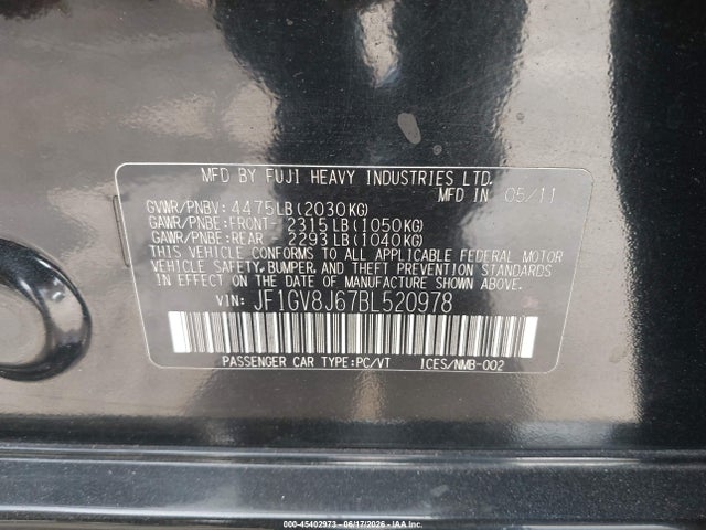 Продажа на аукционе авто 2011 Subaru Impreza Wrx Sti, vin: JF1GV8J67BL520978, номер лота: 45402973