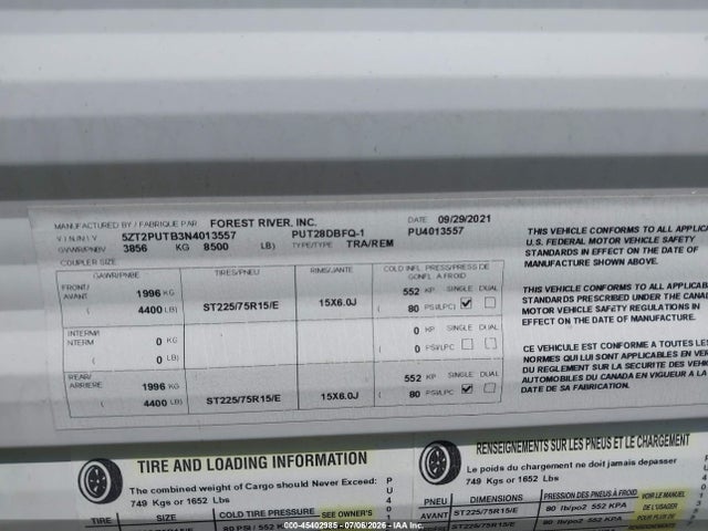 Продаж на аукціоні авто 2022 Forest River Other, vin: 5ZT2PUTB3N4013557, номер лоту: 45402985