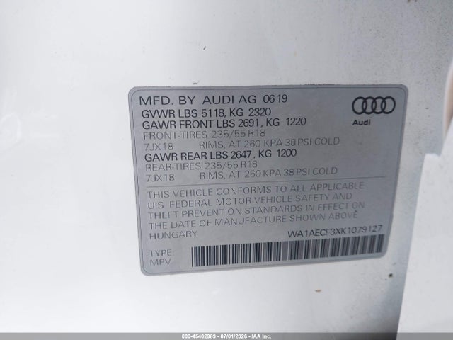 2019 Audi Q3 2.0t Premium მანქანა იყიდება აუქციონზე, vin: WA1AECF3XK1079127, აუქციონის ნომერი: 45402989