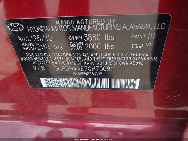 45402991 :رقم المزاد ، 5NPDH4AE7GH750911 vin ، 2016 Hyundai Elantra Se مزاد بيع