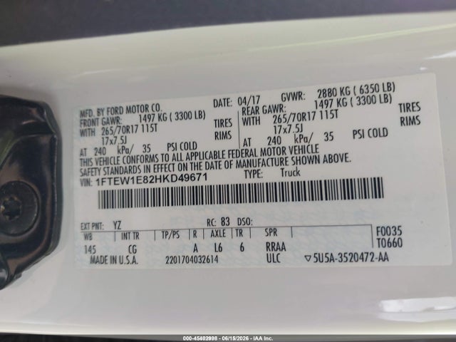 Ford F-150 Xl/xlt 2017 1FTEW1E82HKD49671 Image 9