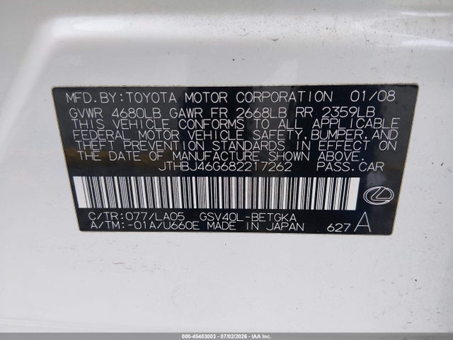 Продажа на аукционе авто 2008 Lexus Es 350, vin: JTHBJ46G682217262, номер лота: 45403003