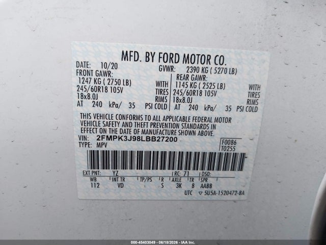 Ford EDGE SEL 2020 2FMPK3J98LBB27200 Image 9