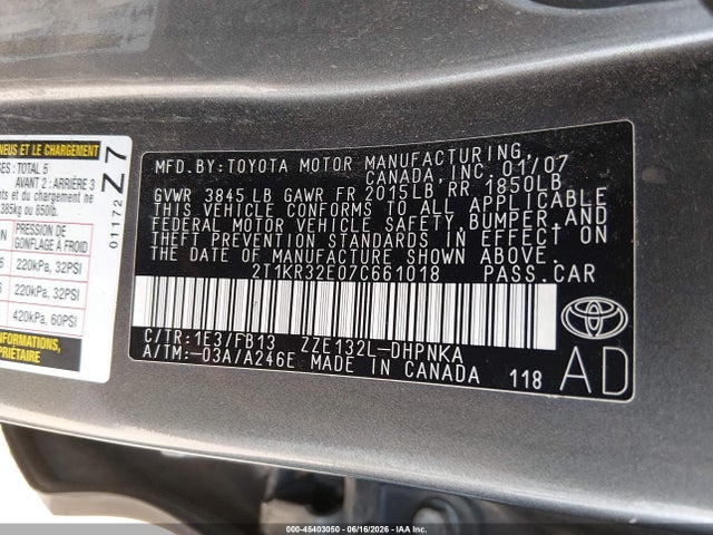 Aukcja sprzedaży 2007 Toyota Matrix Xr, vin: 2T1KR32E07C661018, numer aukcji: 45403050