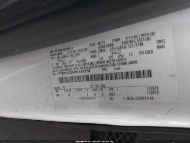 Aukcja sprzedaży 2021 Ford Transit-250, vin: 1FTBR2C86MKA51878, numer aukcji: 45403058