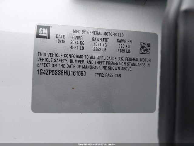 45403059 :رقم المزاد ، 1G4ZP5SS8HU161680 vin ، 2017 Buick Lacrosse Essence مزاد بيع