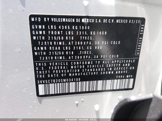 2025 Volkswagen Taos 1.5t Se მანქანა იყიდება აუქციონზე, vin: 3VVSC7B20SM034108, აუქციონის ნომერი: 45403063