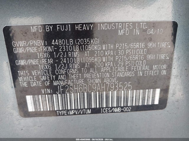 2010 Subaru Forester 2.5x მანქანა იყიდება აუქციონზე, vin: JF2SH6BC9AH793525, აუქციონის ნომერი: 45403068