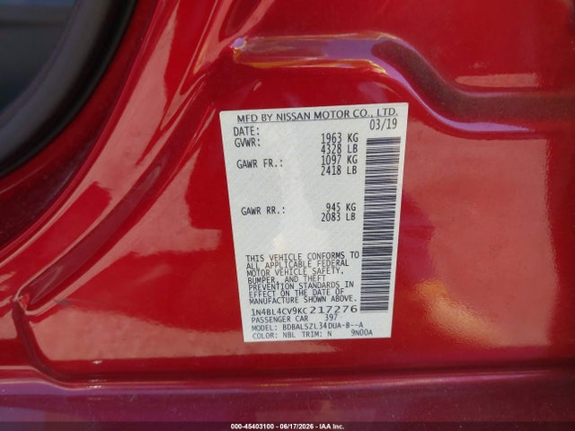 Nissan Altima 2.5 Sr 2019 1N4BL4CV9KC217276 Image 9