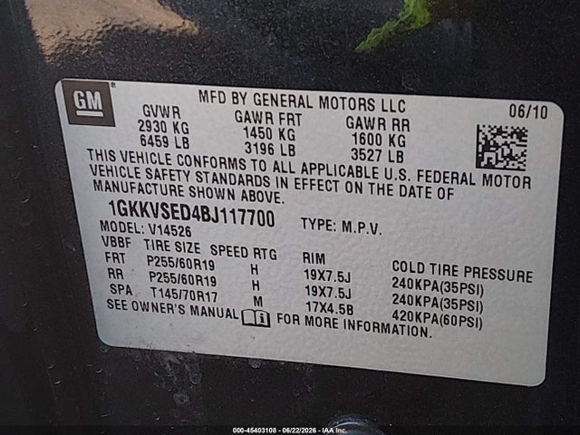 2011 Gmc Acadia Slt-2 მანქანა იყიდება აუქციონზე, vin: 1GKKVSED4BJ117700, აუქციონის ნომერი: 45403108