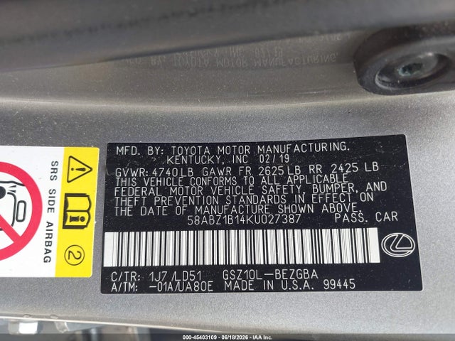 2019 Lexus Es 350 მანქანა იყიდება აუქციონზე, vin: 58ABZ1B14KU027387, აუქციონის ნომერი: 45403109