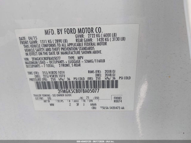 Ford FLEX SEL 2015 2FMGK5C80FBA05077 Image 9