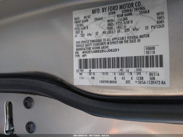 Aukcja sprzedaży 2008 Mercury Mountaineer Premier, vin: 4M2EU48828UJ06251, numer aukcji: 45403130