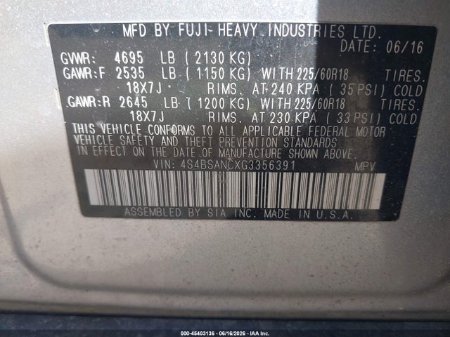 4S4BSANCXG3356391 Subaru Outback 2.5i Limited