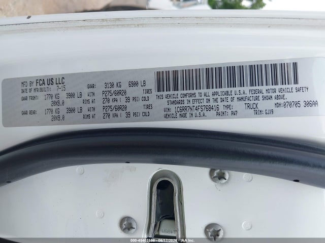 2015 Ram 1500 Laramie მანქანა იყიდება აუქციონზე, vin: 1C6RR7NT4FS768416, აუქციონის ნომერი: 45403138
