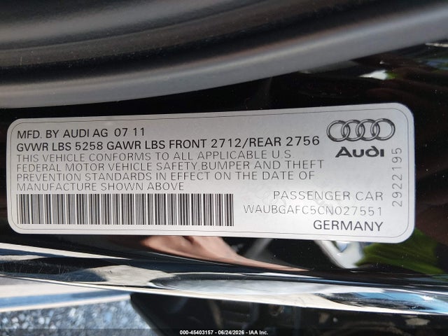 Aukcja sprzedaży 2012 Audi A6 3.0t Premium Plus, vin: WAUBGAFC5CN027551, numer aukcji: 45403157