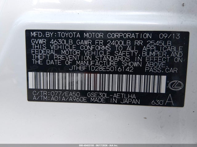 Aukcja sprzedaży 2014 Lexus Is 250, vin: JTHBF1D28E5016142, numer aukcji: 45403158
