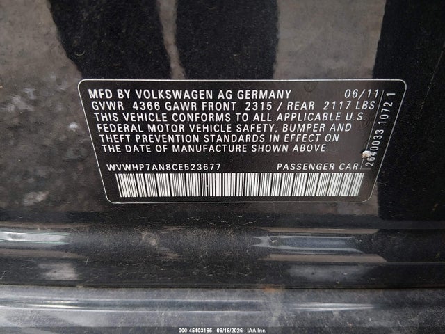 45403165 :رقم المزاد ، WVWHP7AN8CE523677 vin ، 2012 Volkswagen Cc Lux Plus مزاد بيع