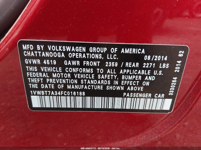 1VWBT7A34FC016188 Volkswagen Passat 1.8t Se