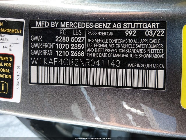Aukcja sprzedaży 2022 Mercedes-benz C 300 Sedan, vin: W1KAF4GB2NR041143, numer aukcji: 45403203