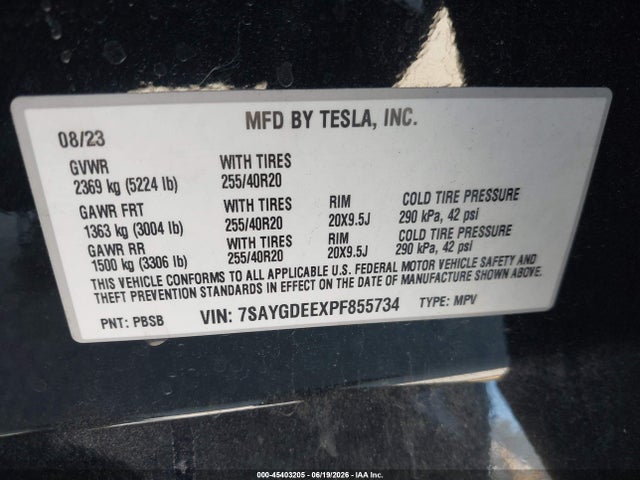45403205 :رقم المزاد ، 7SAYGDEEXPF855734 vin ، 2023 Tesla Model Y Awd/long Range Dual Motor All-wheel Drive مزاد بيع
