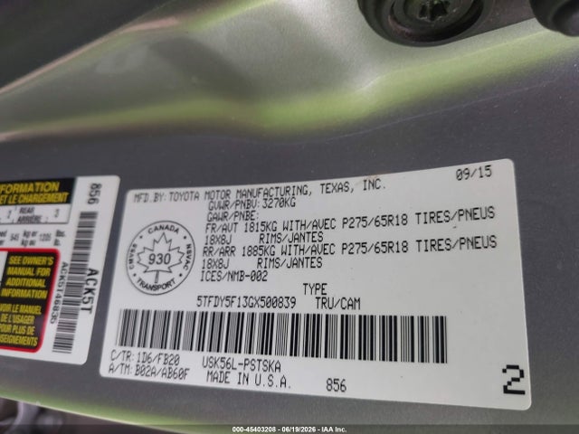 5TFDY5F13GX500839 Toyota Tundra Sr5 5.7l V8