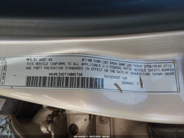 Продажа на аукционе авто 2001 Audi A8 4.2, vin: WAUML54D71N002798, номер лота: 45403211