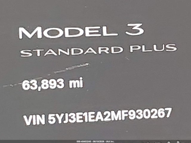 Aukcja sprzedaży 2021 Tesla Model 3 Standard Range Plus Rear-wheel Drive, vin: 5YJ3E1EA2MF930267, numer aukcji: 45403245