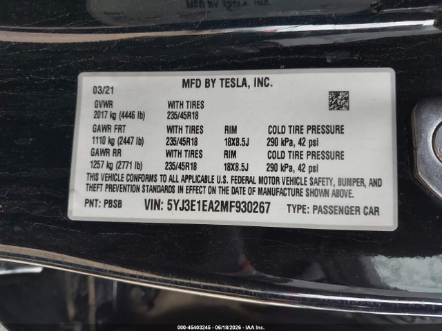 Aukcja sprzedaży 2021 Tesla Model 3 Standard Range Plus Rear-wheel Drive, vin: 5YJ3E1EA2MF930267, numer aukcji: 45403245