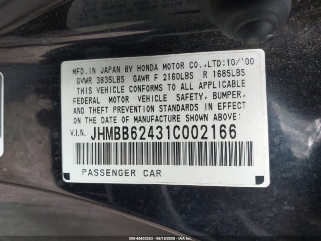2001 Honda Prelude მანქანა იყიდება აუქციონზე, vin: JHMBB62431C002166, აუქციონის ნომერი: 45403263