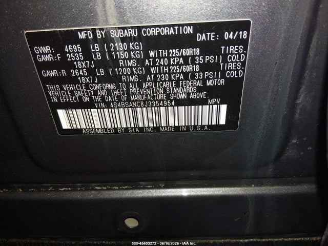 4S4BSANC8J3354954 Subaru Outback 2.5i Limited