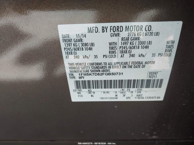 Ford EXPLORER XLT 2015 1FM5K7D82FGB50731 Image 9