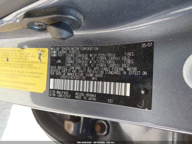 Aukcja sprzedaży 2007 Toyota Highlander 3rd Row, vin: JTEEP21A070231135, numer aukcji: 45403280