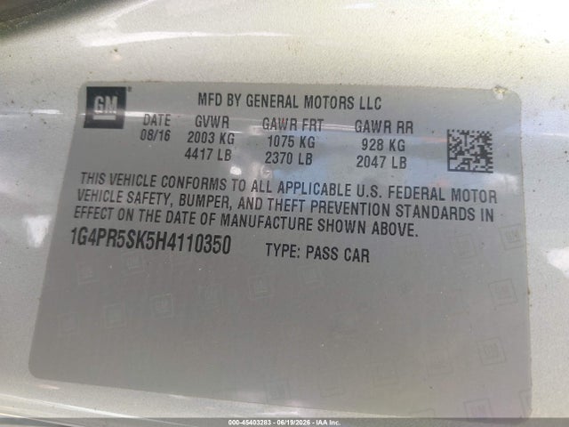 Продажа на аукционе авто 2017 Buick Verano Sport Touring, vin: 1G4PR5SK5H4110350, номер лота: 45403283