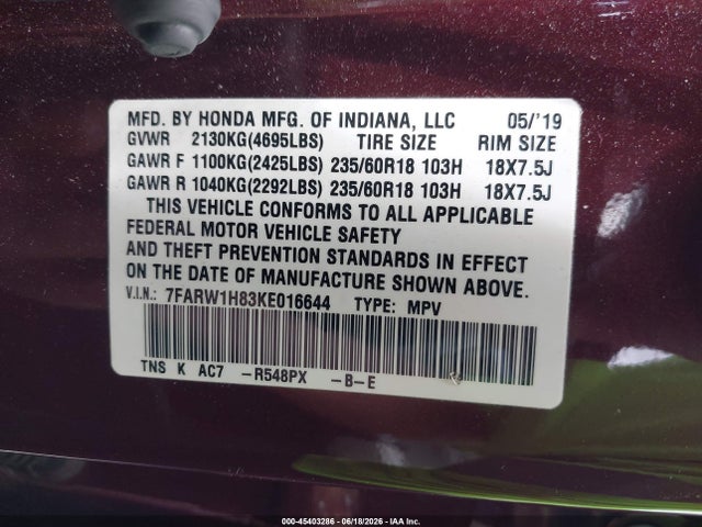 7FARW1H83KE016644 Honda Cr-v Ex-l