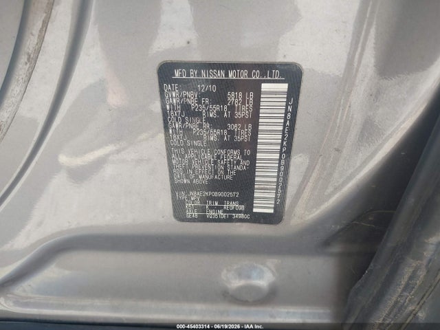 45403314 :رقم المزاد ، JN8AE2KP0B9002572 vin ، 2011 Nissan Quest Sl مزاد بيع