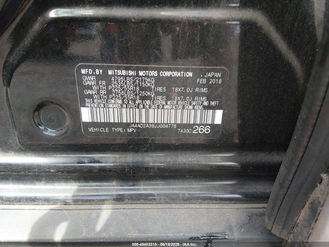 Aukcja sprzedaży 2018 Mitsubishi Outlander Es, vin: JA4AD2A39JJ004776, numer aukcji: 45403315