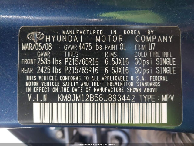 Продаж на аукціоні авто 2008 Hyundai Tucson Gls, vin: KM8JM12B58U893442, номер лоту: 45403336