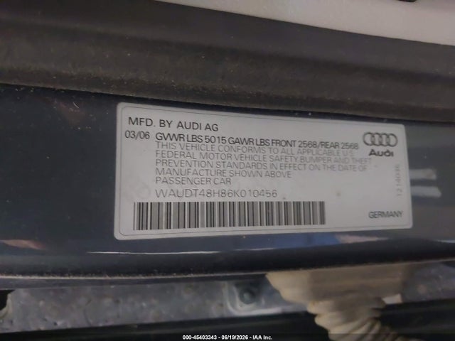 2006 Audi A4 3.0 მანქანა იყიდება აუქციონზე, vin: WAUDT48H86K010456, აუქციონის ნომერი: 45403343