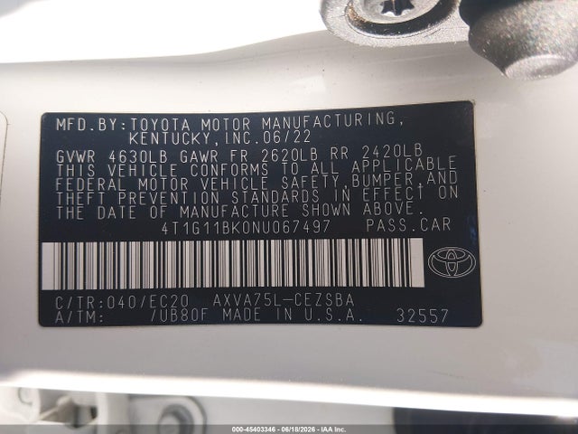 Auction sale of the 2022 Toyota Camry Se Nightshade Special Awd, vin: 4T1G11BK0NU067497, lot number: 45403346