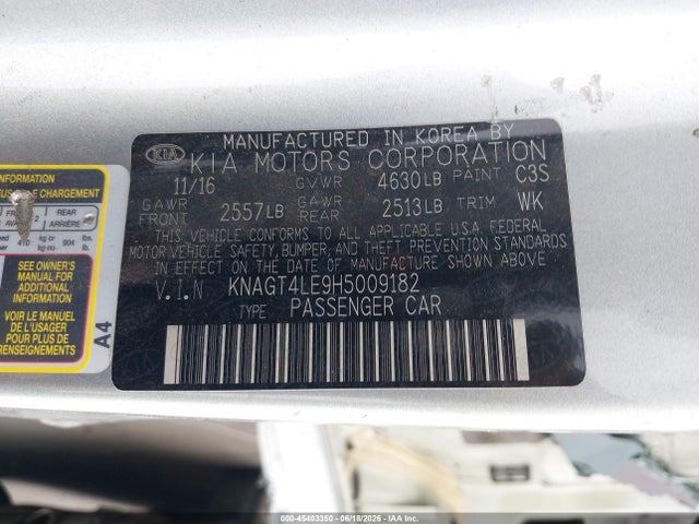 KIA OPTIMA HYBRID 2017 KNAGT4LE9H5009182 Image 9